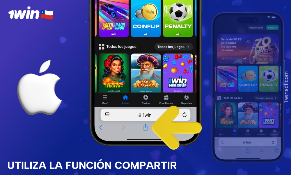 Haz clic en Compartir en la parte inferior de la pantalla para descargar la app de 1Win Chile para iOS